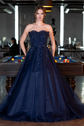 Navy Blue Strapless Dantelle Haute Couture Dress ABU4431