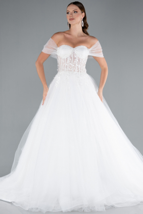 White Off Shoulder Corset Tulle Ball Gown Wedding Dress ABG126