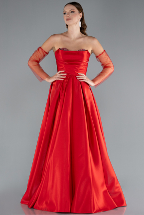 Red Stoned Strapless Sleeve Accessory Long Taffeta Evening Dress ABU4846