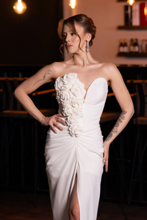 White Rose Strapless Slit Long Mermaid Evening Gown ABU4800