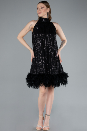 Black Halter Neck Feathered Skirt Sequined Party Dress ABK2348