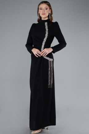 Black Long Sleeve Stand Collar Hijab Evening Dress ABU4877