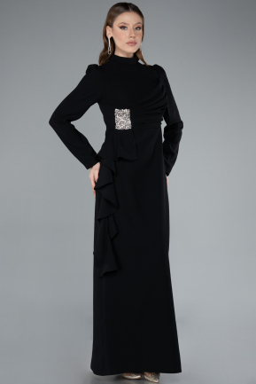 Black Long Sleeve Stand Collar Hijab Evening Dress ABU4879