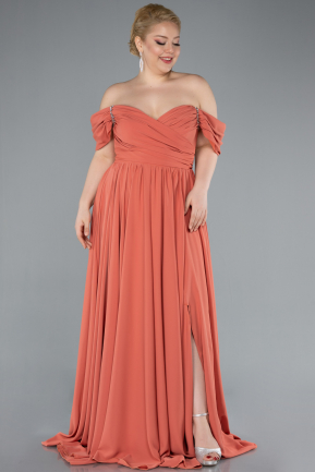 Peach Boat Neck Long Chiffon Plus Size Prom Dress ABU3738