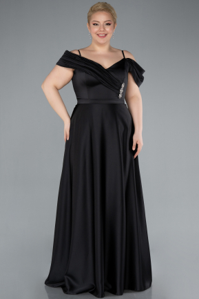 Black Satin Off Shoulder Long Satin Plus Size Evening Gown ABU4869