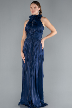 Navy Blue Halter Neck Long Chiffon Evening Dress ABU4811