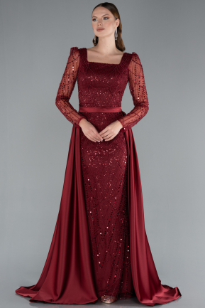 Burgundy Long Sleeve Stone Embellished Satin Train Evening Dress ABU4603