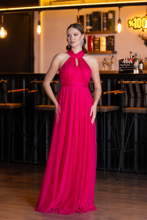 Fuchsia Halter Neck Long Graduation Prom Dress ABU3252