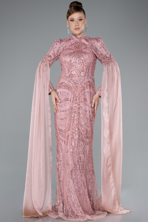 Long Powder Color Hijab Dress ABU4930