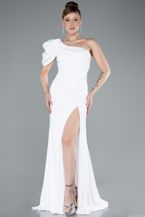 White One Shoulder Slit Long Chiffon Prom Dress ABU4091