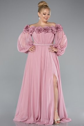 Powder Color Boat Neck Long Sleeve Plus Size Chiffon Prom Gown ABU4131