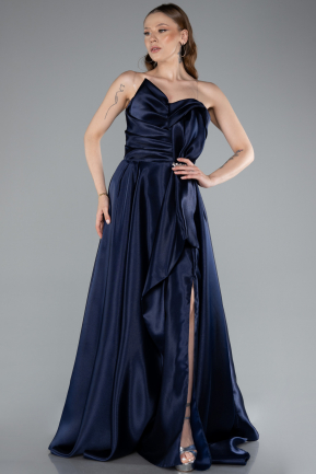 Navy Blue Strapless Slit Long Satin Prom Dress ABU4561