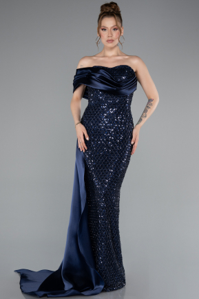 Long Navy Blue Beaded Mermaid Evening Gown ABU4986