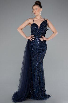Navy Blue Strappy Tail Long Beaded Special Design Evening Dress ABU5003