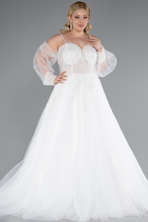 White Stone Embroidered Long Sleeve Plus Size Wedding Dress ABG118