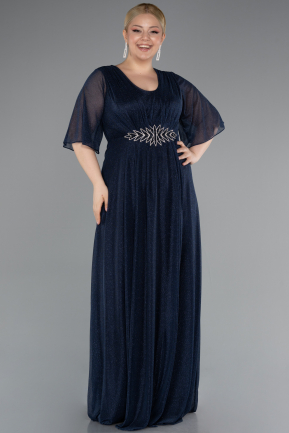 Navy Blue Short Sleeve V Neck Long Glittery Plus Size Evening Dress ABU4887