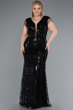Black Beaded Detailed V Neck Long Sequined Plus Size Evening Gown ABU6146