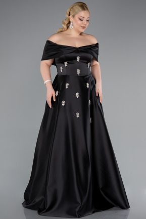 Long Black Satin Plus Size Evening Gown ABU4998