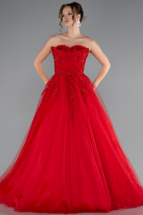 Red Strapless Dantelle Plus Size Haute Couture Dress ABU4453