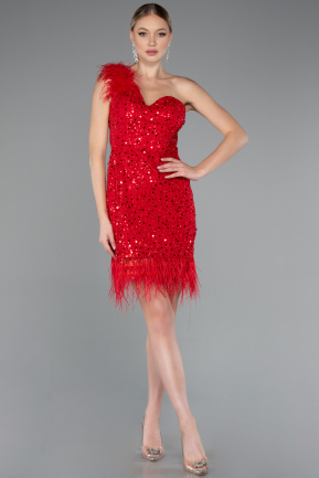 Red Feathered One Shoulder Short Scaly Evening Dress ABK2256