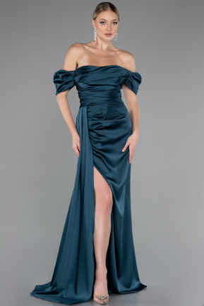 Oil Green Long Satin Engagement Dress ABU1606