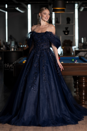 Navy Blue Boat Neck Embroidered Long Special Design Princess Dress ABU4720