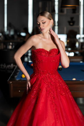 Red Strapless Dantelle Haute Couture Dress ABU4431
