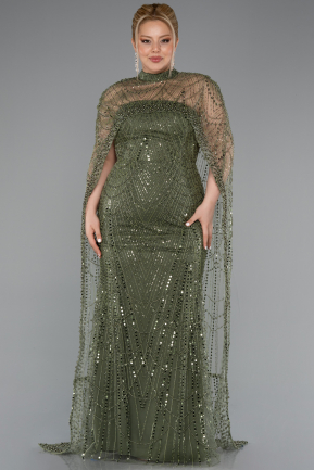 Long Olive Drab Beaded Plus Size Evening Gown ABU5010