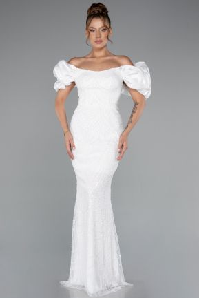 White Stoned Strapless Sleeve Accessories Long Mermaid Evening Gown ABU4509