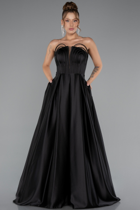Long Black Satin Prom Gown ABU5105