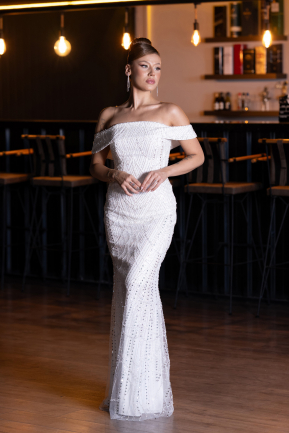 Long White Beaded Evening Dress ABU5137