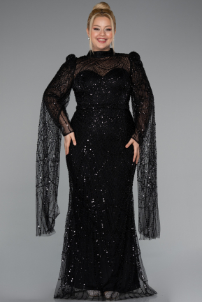 Long Black Beaded Plus Size Engagement Dress ABU5153