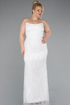 White Long Beaded Plus Size Evening Dress ABU4789