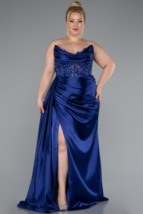 Long Navy Blue Satin Plus Size Prom Dress ABU3855