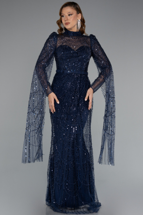 Long Navy Blue Beaded Evening Dress ABU5152