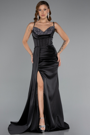 Long Black Satin Prom Gown ABU5171