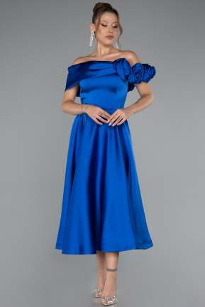 Midi Sax Blue Satin Party Dress ABK2410
