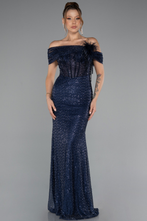 Long Navy Blue Beaded Evening Dress ABU5183