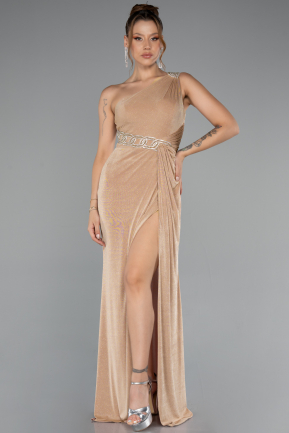 Gold One Shoulder Slit Glittered Long Prom Dress ABU4599