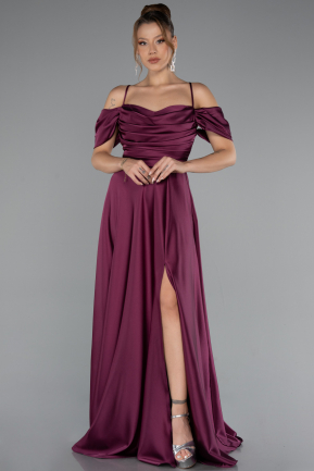 Plum Off The Shoulder Slit Long Satin Prom Dress ABU4703