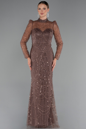 Brown Long Sleeve High Collar Stoned Evening Gown ABU4526
