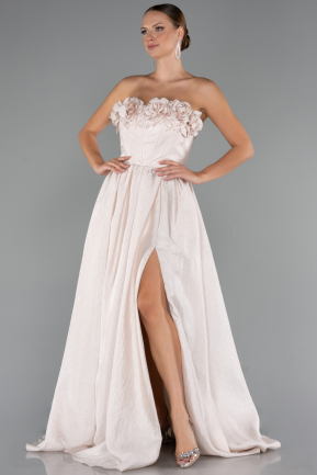 Cream Floral Strapless Collar Slit Long Prom Gown ABU4337
