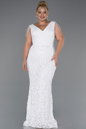 White Long Scaly Plus Size Evening Dress ABU3845