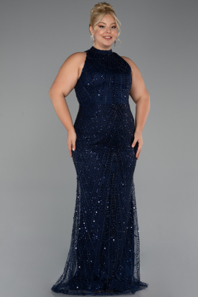 Long Navy Blue Beaded Plus Size Evening Dress ABU5063