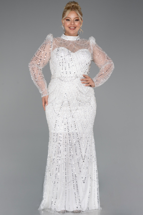 White Long Sleeve High Collar Stoned Plus Size Evening Gown ABU4527