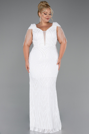 White Short Sleeve V Neck Long Sequin Plus Size Evening Gown ABU4821