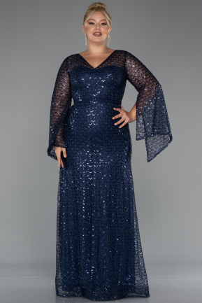 Long Navy Blue Beaded Plus Size Evening Gown ABU5243