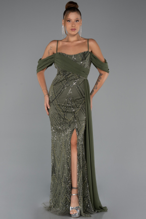 Long Olive Drab Beaded Evening Dress ABU5316