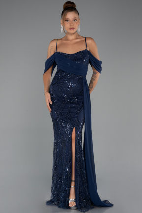 Long Navy Blue Beaded Evening Dress ABU5316