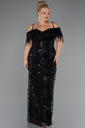 Long Black Beaded Plus Size Evening Gown ABU5326